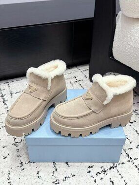 Prada Beige Suede Shearling Lined Ankle Boots Gold Triangle Logo Lug Sole